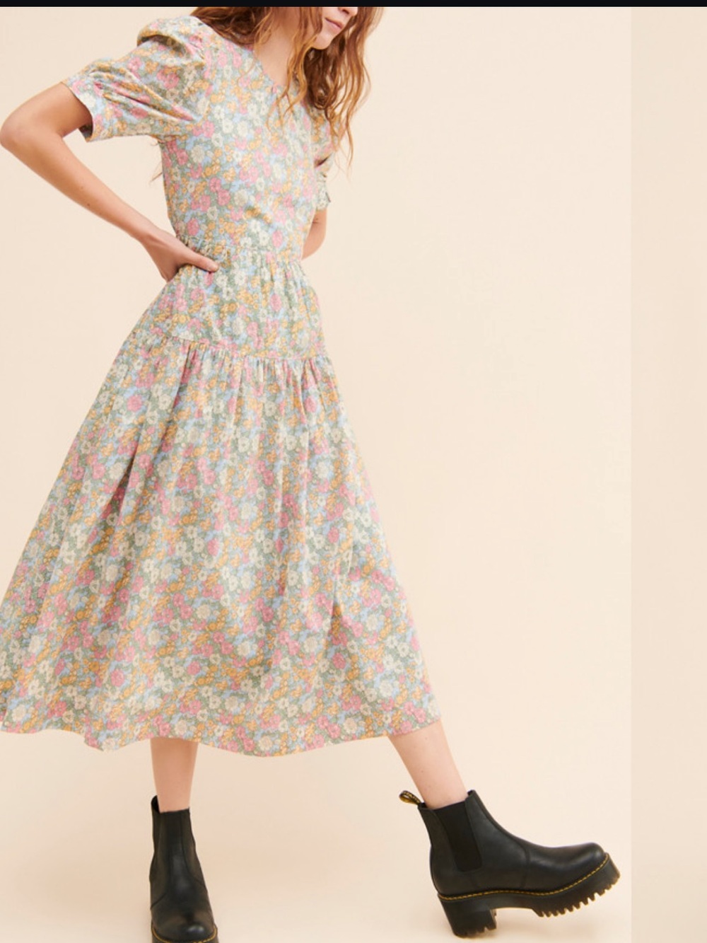 En Saison Floral Print Puff Sleeve Cotton cottagecore Midi Dress Size Xsmall